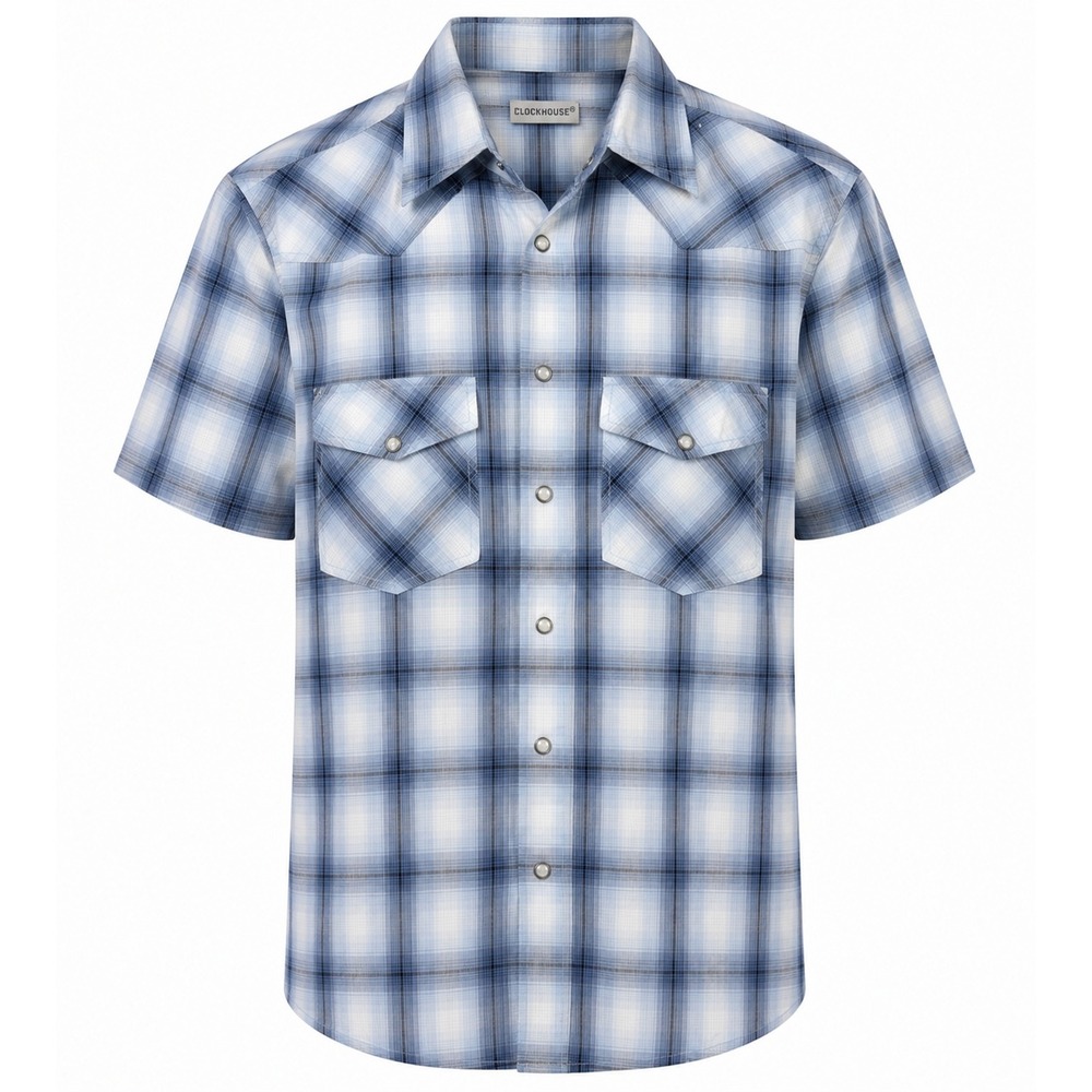 Clockhouse‎ Western Plaid Pearl Snap Shirt Mens Medium Blue Short Sleeve